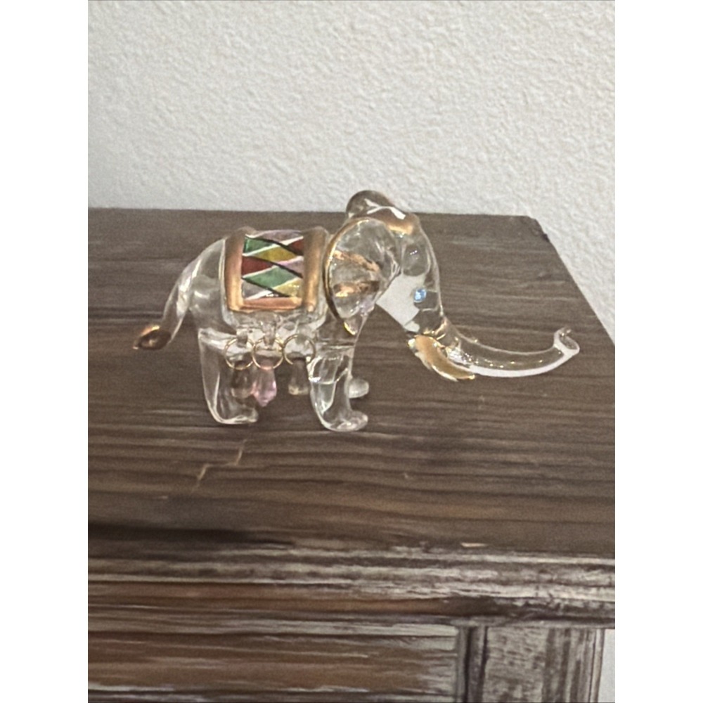 Spun‎ Glass Elephant Figurine With Dangling Jewels Hand Painted Gold Accents